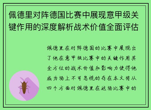 佩德里对阵德国比赛中展现意甲级关键作用的深度解析战术价值全面评估